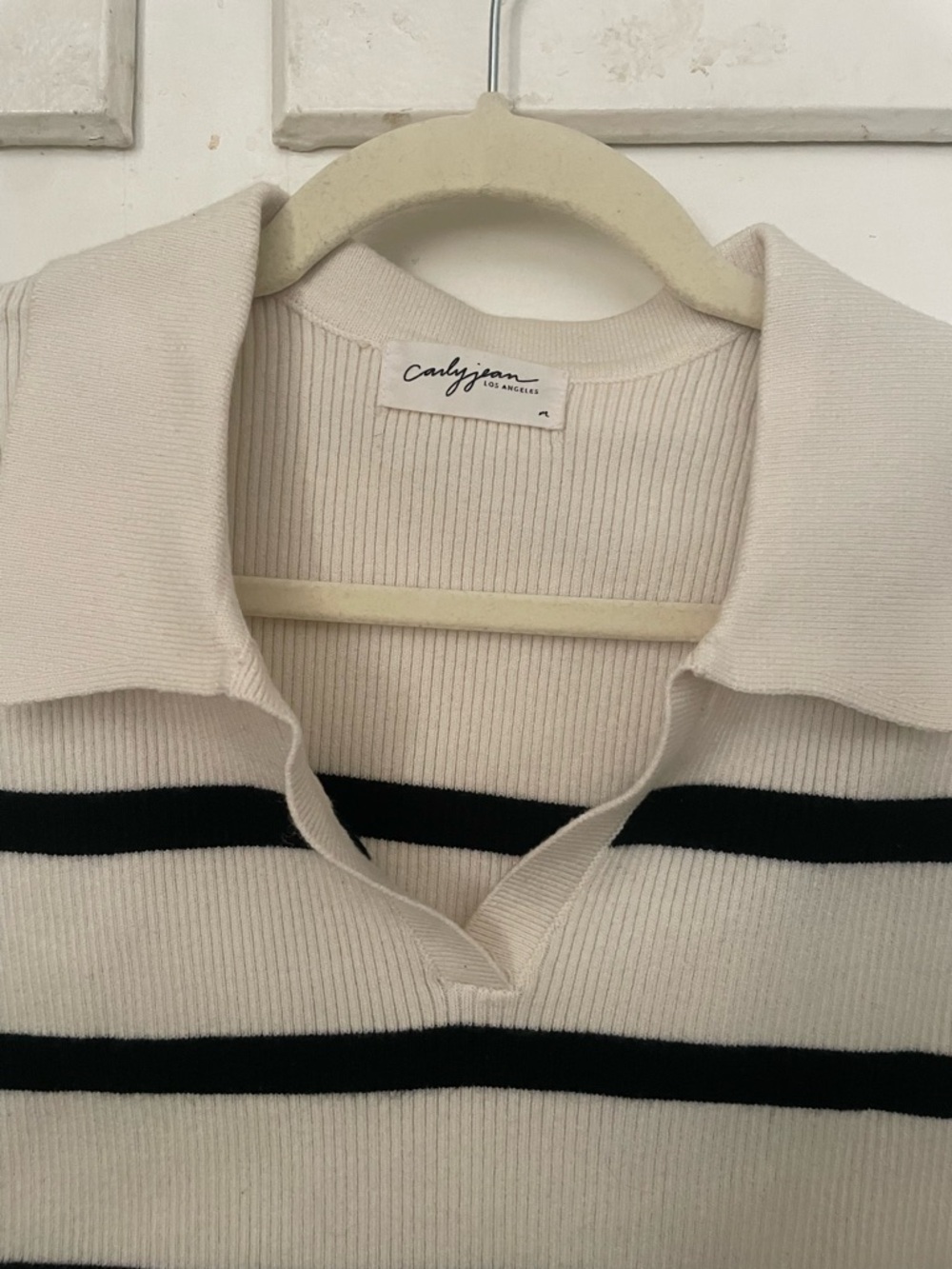 Carly Jean Los Angeles Striped Polo Sweater Sleeveless- Cream & Black